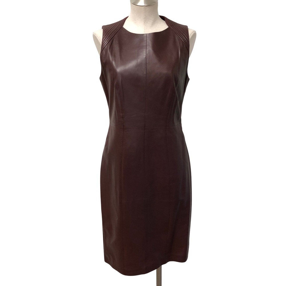 BOSS Hugo Boss Leather Dress Womens 8 Burgundy Sleeveless Quilted Sheath